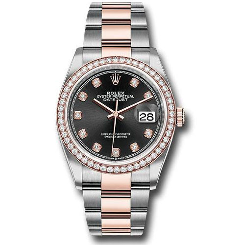 Rolex Steel and Everose Rolesor Datejust 36 Watch - Diamond Bezel - Black Diamond Dial - Oyster Bracelet - 126281RBR bkdo
