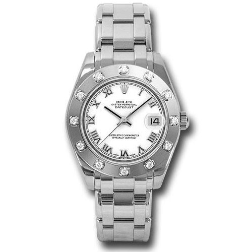 Rolex White Gold Datejust Pearlmaster 34 Watch - 12 Diamond Bezel - White Roman Dial - 81319 wr