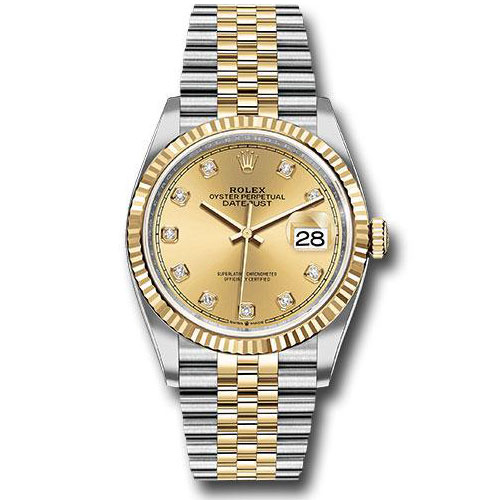 Rolex Steel and Yellow Gold Rolesor Datejust 36 Watch - Fluted Bezel - Champagne Diamond Dial - Jubilee Bracelet - 126233 chdj