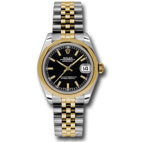 Rolex Steel and Yellow Gold Datejust 31 Watch - Domed Bezel - Black Index Dial - Jubilee Bracelet - 178243 bkij