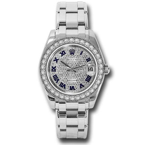 Rolex White Gold Datejust Pearlmaster 34 Watch - 34 Diamond Bezel - Diamond Paved Roman Dial - 81299 dpr
