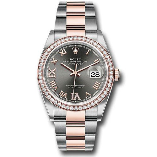Rolex Steel and Everose Rolesor Datejust 36 Watch - Diamond Bezel - Dark Rhodium Roman Dial - Oyster Bracelet - 126281RBR dkrdr69o