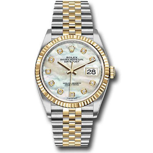 Rolex Steel and Yellow Gold Rolesor Datejust 36 Watch - Fluted Bezel - White Mother-Of-Pearl Diamond Dial - Jubilee Bracelet - 126233 mdj