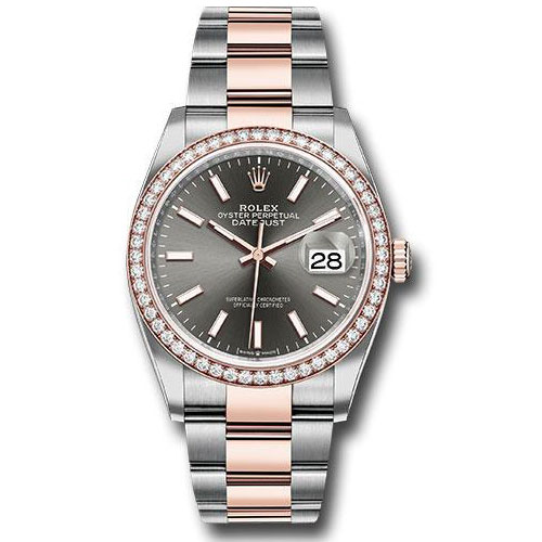 Rolex Steel and Everose Rolesor Datejust 36 Watch - Diamond Bezel - Dark Rhodium Index Dial - Oyster Bracelet - 126281RBR dkrio