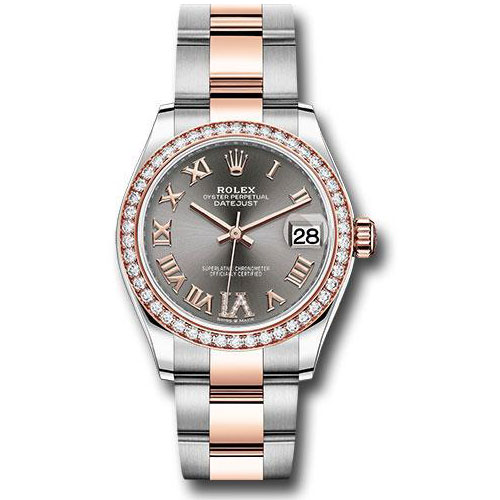 Rolex Steel and Everose Gold Datejust 31 Watch - 46 Diamond Bezel - Dark Rhodium Diamond Roman VI Dial - Oyster Bracelet - 278381RBR dkrhdr6o