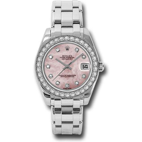 Rolex White Gold Datejust Pearlmaster 34 Watch - 34 Diamond Bezel - Pink Mother-Of-Pearl Diamond Dial - 81299 pmd
