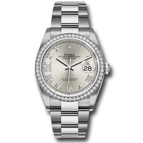 Rolex Steel Datejust 36 Watch - Diamond Bezel - Silver Diamond Roman VI and IX Dial - Oyster Bracelet - 2019 Release - 126284RBR sdr69o