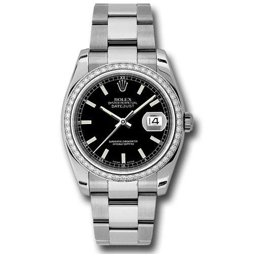 Rolex Steel and White Gold Datejust 36 Watch - 52 Diamond Bezel - Black Index Dial - Oyster Bracelet - 116244 bkio