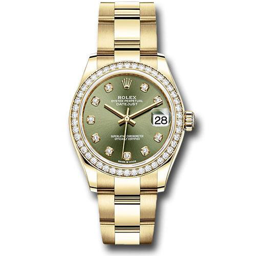 Rolex Yellow Gold Datejust 31 Watch - Diamond Bezel - Olive Green Diamond Dial - Oyster Bracelet - 278288RBR ogdo