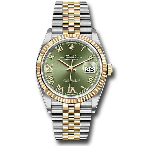 Rolex Steel and Yellow Gold Rolesor Datejust 36 Watch - Fluted Bezel - Olive Green Roman Dial - Jubilee Bracelet - 126233 ogdr69j