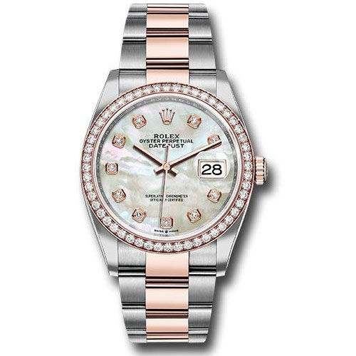 Rolex Steel and Everose Rolesor Datejust 36 Watch - Diamond Bezel - White Mother-Of-Pearl Diamond Dial - Oyster Bracelet - 126281RBR mdo