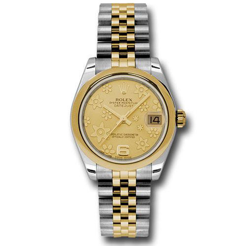 Rolex Steel and Yellow Gold Datejust 31 Watch - Domed Bezel - Champagne Floral Motif Dial - Jubilee Bracelet - 178243 chfj
