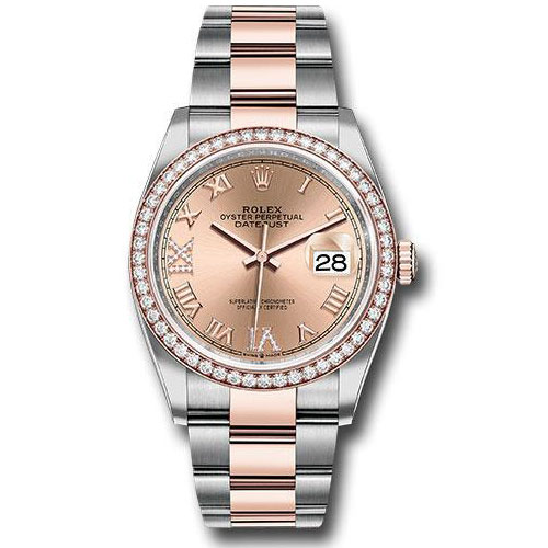 Rolex Steel and Everose Rolesor Datejust 36 Watch - Diamond Bezel - Rose Roman Dial - Oyster Bracelet - 126281RBR rdr69o