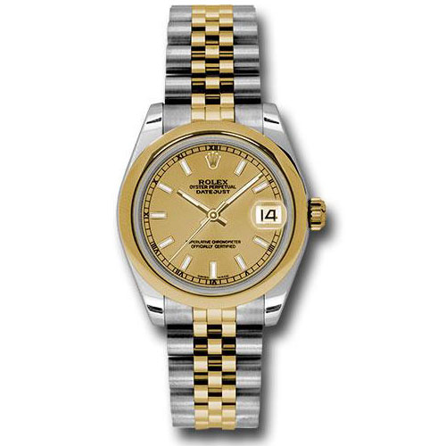 Rolex Steel and Yellow Gold Datejust 31 Watch - Domed Bezel - Champagne Index Dial - Jubilee Bracelet - 178243 chij