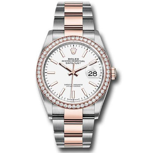 Rolex Steel and Everose Rolesor Datejust 36 Watch - Diamond Bezel - White Index Dial - Oyster Bracelet - 126281RBR wio