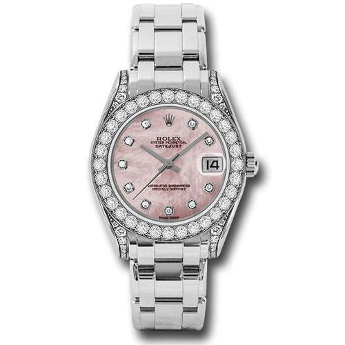 Rolex White Gold Datejust Pearlmaster 34 Watch - 34 Diamond Bezel - Pink Mother-Of-Pearl Diamond Dial - 81159 pmd
