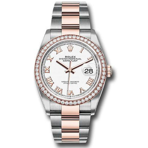 Rolex Steel and Everose Rolesor Datejust 36 Watch - Diamond Bezel - White Roman Dial - Oyster Bracelet - 126281RBR wro