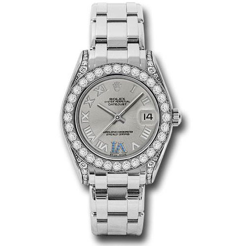 Rolex White Gold Datejust Pearlmaster 34 Watch - 34 Diamond Bezel - Silver Roman Dial - 81159 ssr