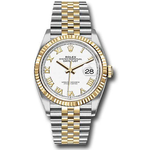 Rolex Steel and Yellow Gold Rolesor Datejust 36 Watch - Fluted Bezel - White Roman Dial - Jubilee Bracelet - 126233 wrj