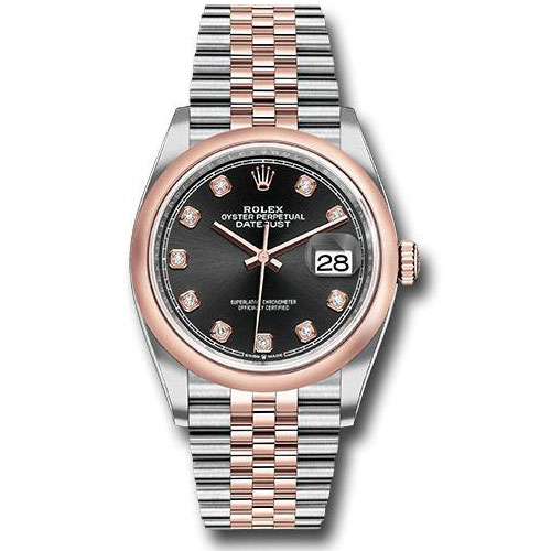 Rolex Steel and Everose Rolesor Datejust 36 Watch - Domed Bezel - Black Diamond Dial - Jubilee Bracelet - 126201 bkdj