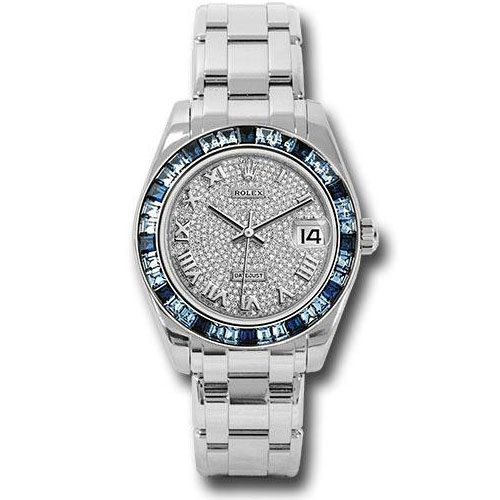 Rolex White Gold Datejust Pearlmaster 34 Watch - 12 Blue And 24 Light-Blue Sapphire Baguettes Bezel - Diamond Paved Roman Dial - 81349SA dpr