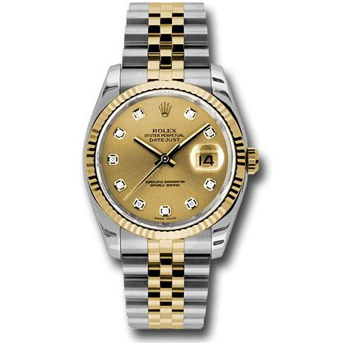 Rolex Steel and Yellow Gold Rolesor Datejust 36 Watch - Fluted Bezel - Champagne Diamond Dial - Jubilee Bracelet - 116233 chdj