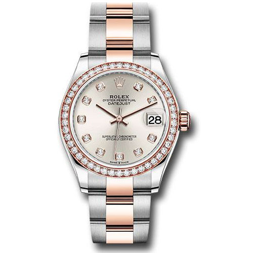 Rolex Steel and Everose Gold Datejust 31 Watch - 46 Diamond Bezel - Silver Diamond Dial - Oyster Bracelet - 278381RBR sdo