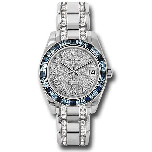 Rolex White Gold Datejust Pearlmaster 34 Watch - 12 Blue And 24 Light-Blue Sapphire Baguettes Bezel - Diamond Paved Roman Dial - 81349SA dprdp