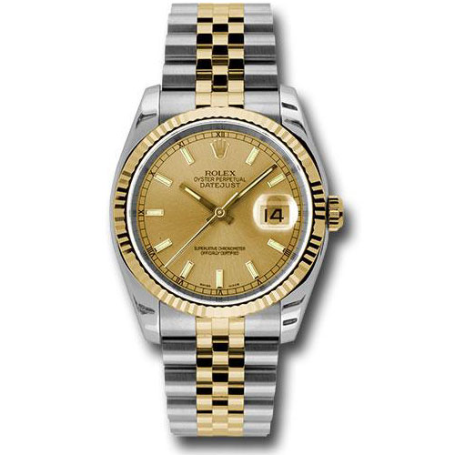 Rolex Steel and Yellow Gold Rolesor Datejust 36 Watch - Fluted Bezel - Champagne Index Dial - Jubilee Bracelet - 116233 chsj