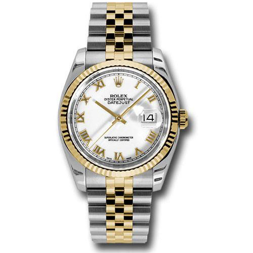 Rolex Steel and Yellow Gold Rolesor Datejust 36 Watch - Fluted Bezel - White Roman Dial - Jubilee Bracelet - 116233 wrj