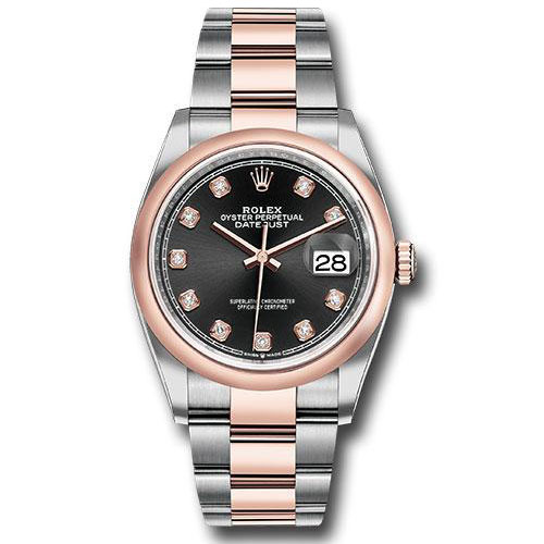 Rolex Steel and Everose Rolesor Datejust 36 Watch - Domed Bezel - Black Diamond Dial - Oyster Bracelet - 126201 bkdo