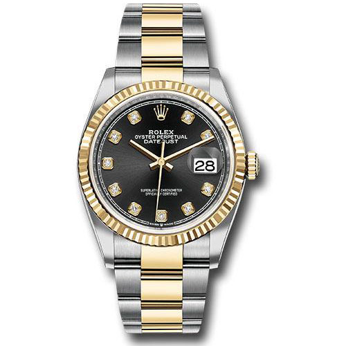 Rolex Steel and Yellow Gold Rolesor Datejust 36 Watch - Fluted Bezel - Black Diamond Dial - Oyster Bracelet - 126233 bkdo