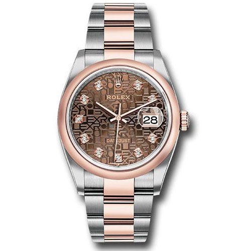 Rolex Steel and Everose Rolesor Datejust 36 Watch - Domed Bezel - Chocolate Jubilee Diamond Dial - Oyster Bracelet - 126201 chojdo