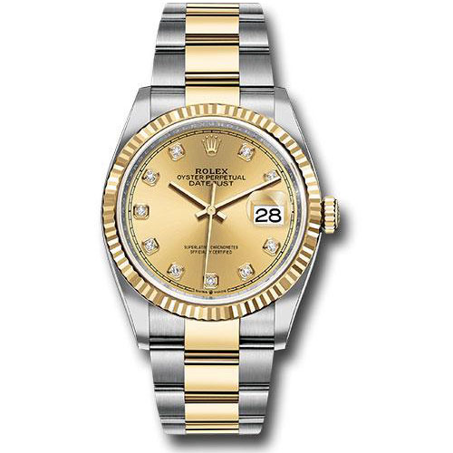 Rolex Steel and Yellow Gold Rolesor Datejust 36 Watch - Fluted Bezel - Champagne Diamond Dial - Oyster Bracelet - 126233 chdo
