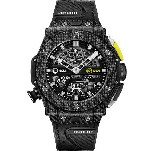 Hublot Big Bang Unico Golf Black Carbon Watch - 45 mm - Black Skeleton Dial - Black Rubber With Carbon Fiber Texture Decor and Black Calf Leather Strap-416.YT.1120.VR