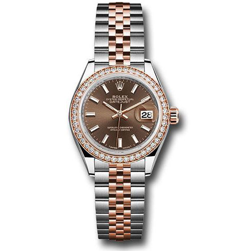 Rolex Steel and Everose Gold Rolesor Lady-Datejust 28 Watch - Diamond Bezel - Chocolate Index Dial - Jubilee Bracelet - 279381RBR choij