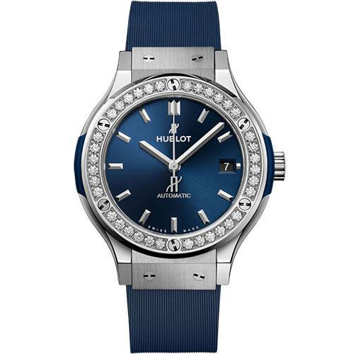 Hublot Classic Fusion Titanium Blue Diamonds Watch - 38 mm - Blue Dial - Blue Lined Rubber Strap-565.NX.7170.RX.1204