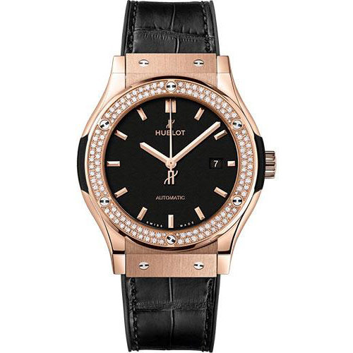 Hublot Classic Fusion King Gold Diamonds Watch - 42 mm - Black Dial - Black Rubber and Leather Strap-542.OX.1181.LR.1104