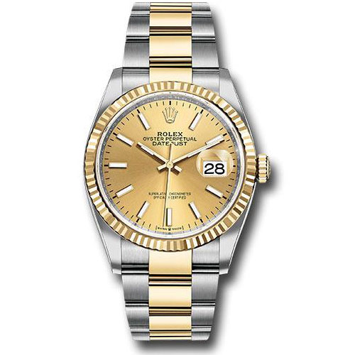 Rolex Steel and Yellow Gold Rolesor Datejust 36 Watch - Fluted Bezel - Champagne Index Dial - Oyster Bracelet - 126233 chio