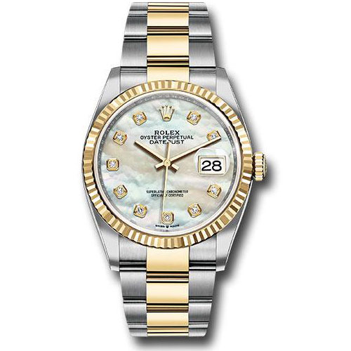 Rolex Steel and Yellow Gold Rolesor Datejust 36 Watch - Fluted Bezel - White Mother-Of-Pearl Diamond Dial - Oyster Bracelet - 126233 mdo