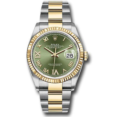 Rolex Steel and Yellow Gold Rolesor Datejust 36 Watch - Fluted Bezel - Olive Green Roman Dial - Oyster Bracelet - 126233 ogdr69o