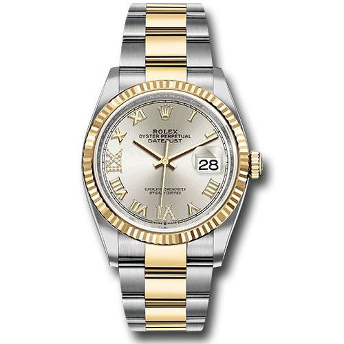 Rolex Steel and Yellow Gold Rolesor Datejust 36 Watch - Fluted Bezel - Silver Roman Dial - Oyster Bracelet - 126233 sdr69o