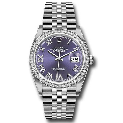 Rolex Steel Datejust 36 Watch - Diamond Bezel - Aubergine Purple Diamond Roman VI and IX Dial - Jubilee Bracelet - 2019 Release - 126284RBR audr69j