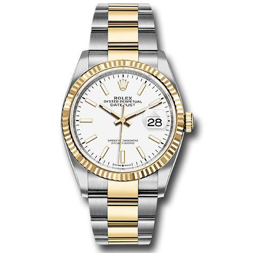 Rolex Steel and Yellow Gold Rolesor Datejust 36 Watch - Fluted Bezel - White Index Dial - Oyster Bracelet - 126233 wio