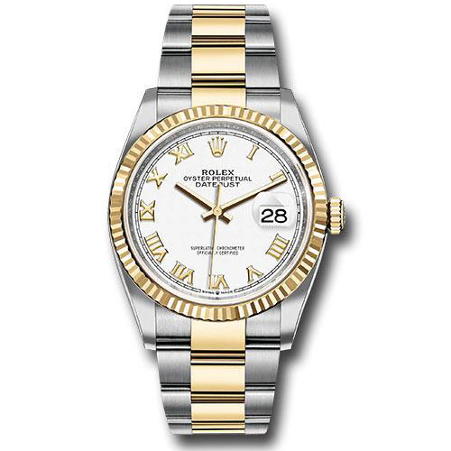 Rolex Steel and Yellow Gold Rolesor Datejust 36 Watch - Fluted Bezel - White Roman Dial - Oyster Bracelet - 126233 wro