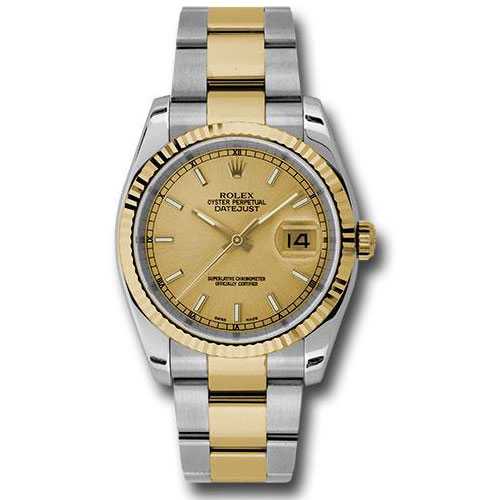 Rolex Steel and Yellow Gold Rolesor Datejust 36 Watch - Fluted Bezel - Champagne Index Dial - Oyster Bracelet - 116233 chso