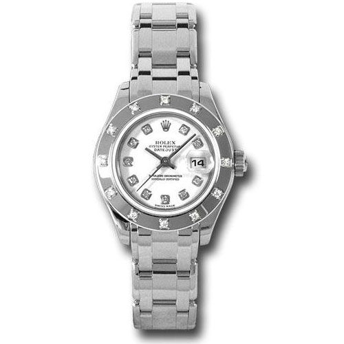 Rolex White Gold Lady-Datejust Pearlmaster 29 Watch - 12 Diamond Bezel - White Diamond Dial - 80319 wd