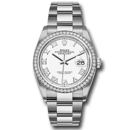 Rolex Steel Datejust 36 Watch - Diamond Bezel - White Roman Dial - Oyster Bracelet - 2019 Release - 126284RBR wro