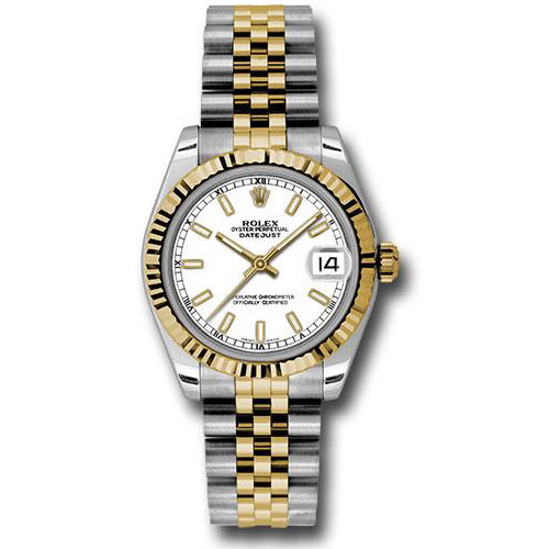 Rolex Steel and Yellow Gold Datejust 31 Watch - Fluted Bezel - White Index Dial - Jubilee Bracelet - 178273 wij