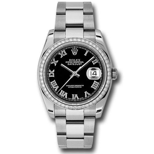 Rolex Steel and White Gold Datejust 36 Watch - 52 Diamond Bezel - Black Roman Dial - Oyster Bracelet - 116244 bkro
